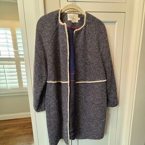 Boden navy/cream tweed long jacket. Easy fit with a cream fringe detail.